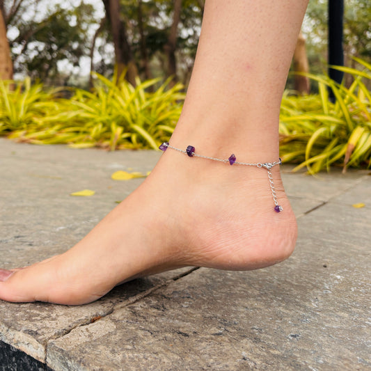 Dream Amethyst: Pure Silver (चाँदी) Anklet for Calm, Balance, and Stress Relief